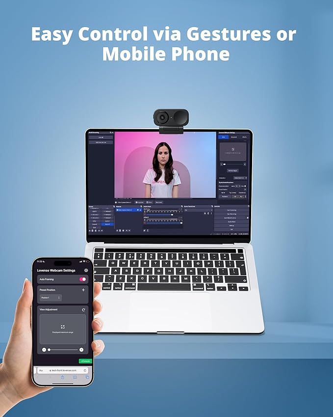 LOVENSE Webcam 2 4k for PC Live Streaming Camera 1/2 Sensor True Focus Al Noise Canceling Hand Gesture Control Mobile Control Auto Framing Customizable Audio Modes Microphones Privacy Control