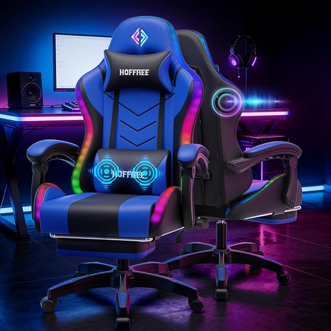 HOFFREE RGB Gaming Chair with Rhythm LED Lights and Speakers Massage Computer Chair with Footrest Music Video Game Chair High Back with Lumbar Support Blue