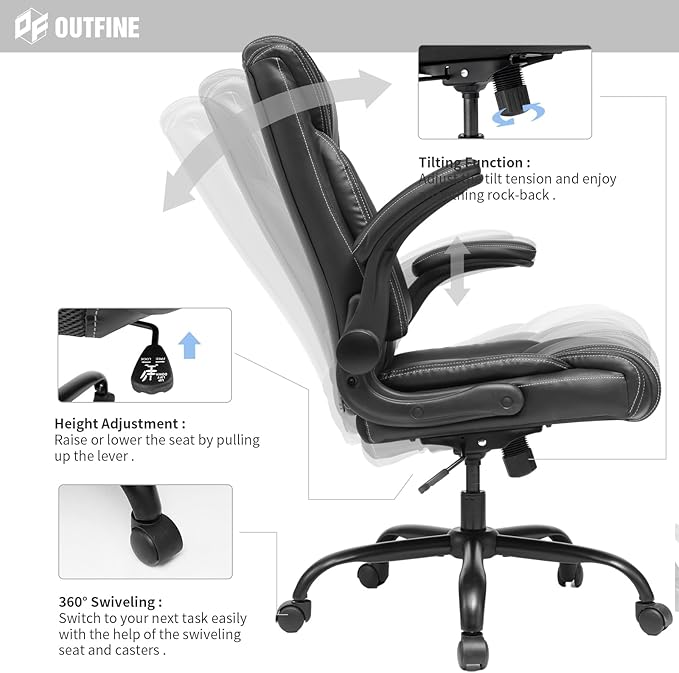OUTFINE Flip-up Arms Office Chair 300lbs Executive Chair Swivel Office Chair with hydrolysis-Resistant Leather Spring Cushion Thick Padding and Ergonomic Design (Black Flip Arm Medium)