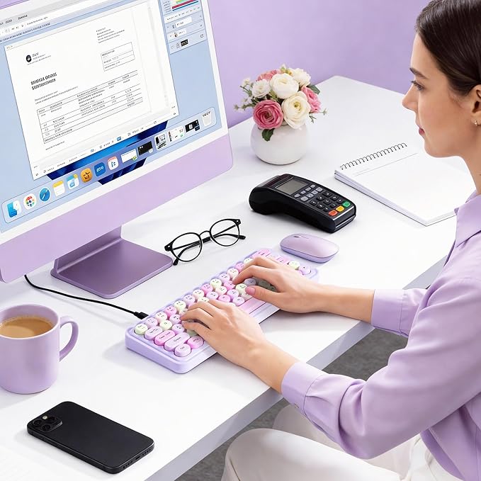 Wired RGB Creamy Typewriter Keyboard. 65 Percent Retro LED Membrance Gaming Keyboard. Small Ergonomic Optical Teclado with ABS Backlit Unreplaceable Round Keycaps. for Laptop and Office PC. (Purple)