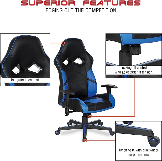 OSP Home Furnishings Vapor Ergonomic Adjustable High Back Faux Leather Gaming Chair with Coil Spring Seat and Integrated Cooling Airflow Blue Accents