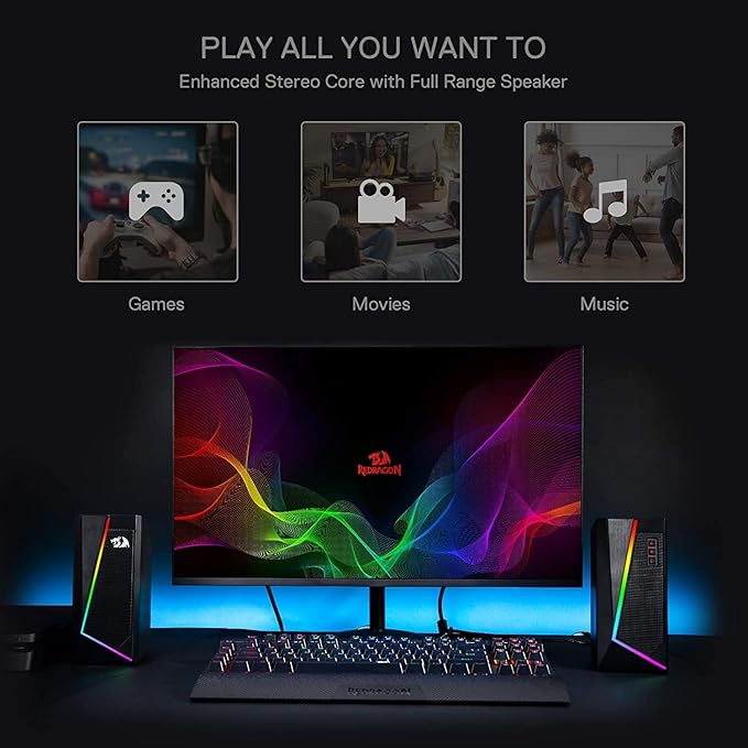 Redragon GS520 RGB Desktop Speakers 2.0 Channel PC Computer Stereo Speaker with 6 Colorful LED Modes Enhanced Sound and Easy-Access Volume Control USB Powered w/ 3.5mm Cable