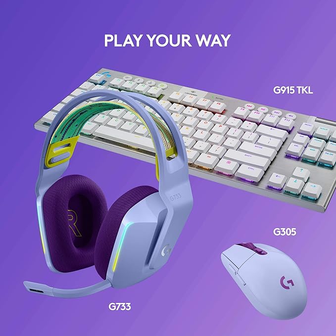 Logitech G733 Lightspeed Wireless Gaming Headset with Suspension Headband LIGHTSYNC RGB Blue VO!CE mic Technology and PRO-G Audio Drivers - Lilac