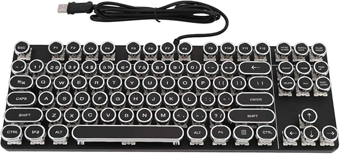 Mechanical Gaming Keyboard Retro Punk Typewriter Style USB Wired Computer Keyboard with RGB Backlit and Round Keycaps Plug and Play Black Ergonomic PC Keyboard for Laptop