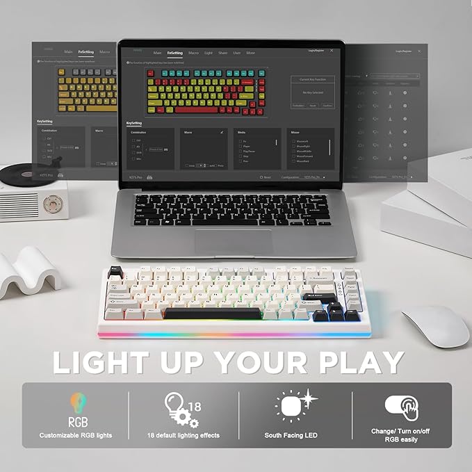 YUNZII YZ75 75% Hot Swappable Wireless Gaming Mechanical Keyboard RGB Backlights BT5.0/2.4G/USB-C Dye Sub PBT Keycaps for Linux/Win/Mac(Gateron G Pro Red White)