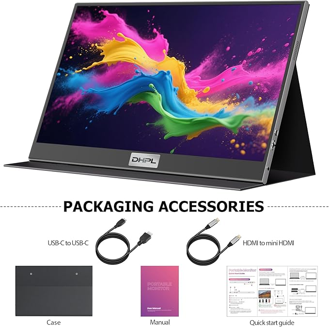 DHPL15.6 Inch Portable Monitor for Laptop - FHD 1080P IPS Anti-Glare Screen Dual USB-C/HDMI Built-in Speakers VESA Holes - Travel Screen Extender Compatible with Laptop PC Phone PS4/5 Switch