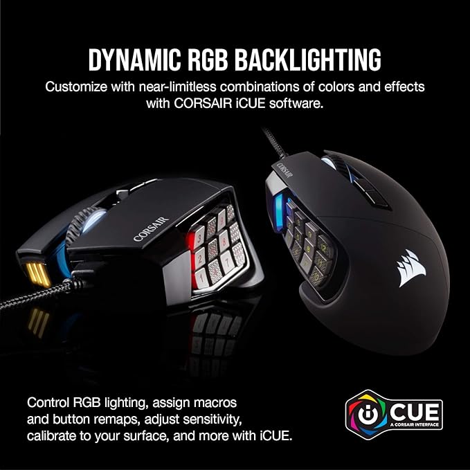 Corsair Scimitar RGB Elite Wired MOBA/MMO Gaming Mouse – 18000 DPI – 17 Programmable Buttons – iCUE Compatible – PC Mac PS5 PS4 Xbox – Black