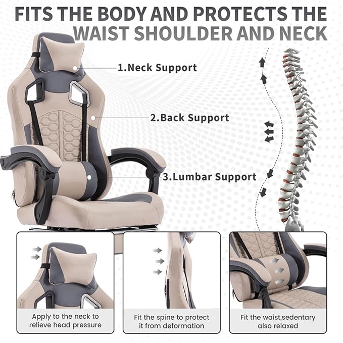 Ergonomic Gaming Chair with Massage and Footrest High Back Leather Computer Chair with Adjustable Headrest Lumbar and Back Support 360° Rotation and 300LBS Capacity (Grey)