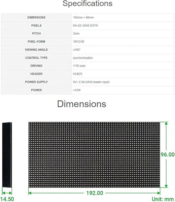 waveshare RGB Full-Color LED Matrix Panel 64×32 Pixels Adjustable Brightness Compatible with Raspberry Pi 5/4B/3B/Zero/Zero W/Zero 2W/Pico/Pico W/Pico WH ESP32