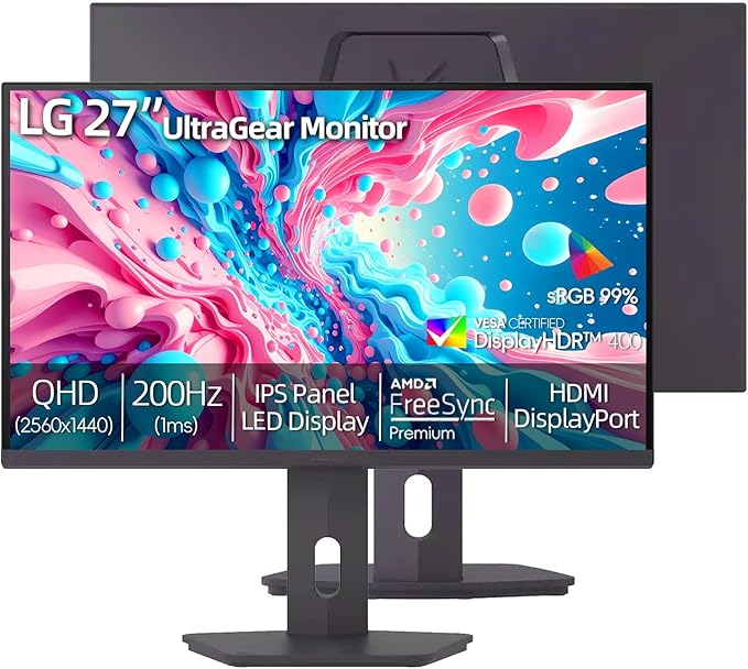 LG Ultragear 27 QHD Gaming Monitor 1440p IPS Display 200Hz 1ms Response DisplayHDR 400 FreeSync Premium HDMI Displayport USB Type-C Tilt/Height/Swivel &amp Pivot Adjustment Stand