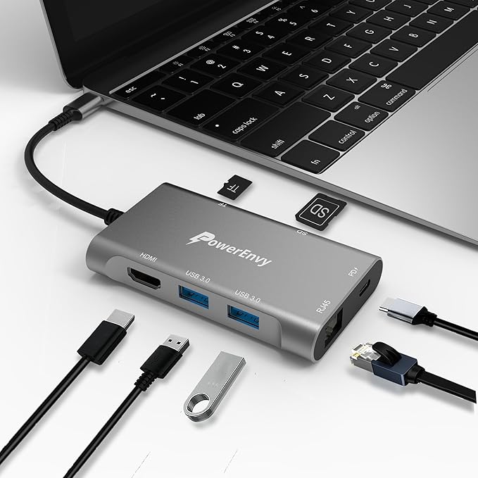 USB C HUB7-in-1 USB Adapter Multiport Data HUB with 60W Type C Charging 5Gbps 2 USB A 4K HDMI 1000M Ethernet TF/MicroSD Data Transfer Port for MacBookiPad Pro/AirXPSMateBookMore