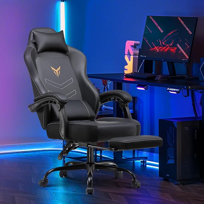 GTPLAYER Gaming Chair with Footrest Recliner Chair with Headrest &amp Lumbar Support Linkage ArmrestErgonomic Gaming Chair 350lbs High Back Office Home Dark Black