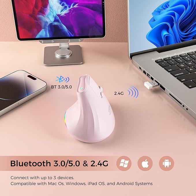KYSONA 57° Wireless Ergonomic Mouse Vertical Mouse Carpal Tunnel Mouse RGB Light Rechargeable Bluetooth &amp 2.4G 5-Level DPI Adjustment Quiet Click Ergo Mice Compatible with PC/Laptop/Mac Pi