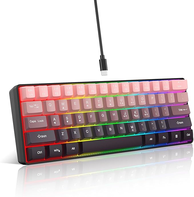 Snpurdiri 60% Wired Gaming Keyboard 61 Keys RGB Backlit Ultra-Compact Small Gaming Keyboard for PC/Mac Gamer Typist Travel Easy to Carry on Business Trip (Pink-Black)