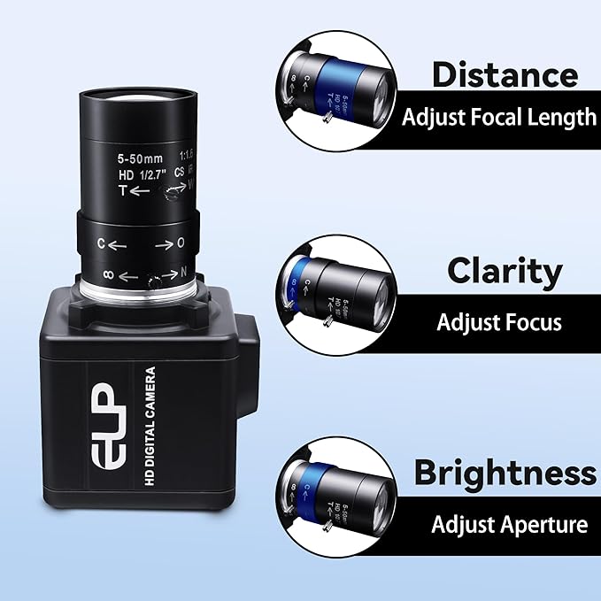 MMlove USB Camera 5MP HD Webcam 5-50mm Manual 10X Varifocus Zoom Lens Lightburn Camera with CMOS OV5640 Sensor for Skype/Zoom/FaceTime/HangoutsPC/Laptop/Raspberry Pi Free Driver UVC