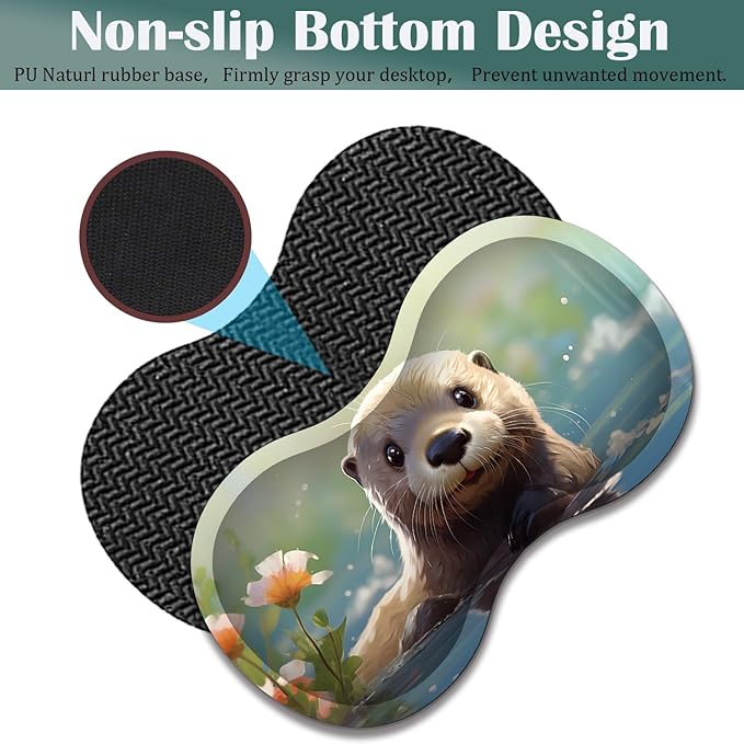 Large Game Mouse Pad + Wrist Support Pad + Coffee Coaster Desk Pad with Sewn Edges Anti-Slip Set pad Suitable for Office Work and Home - Cute Otter