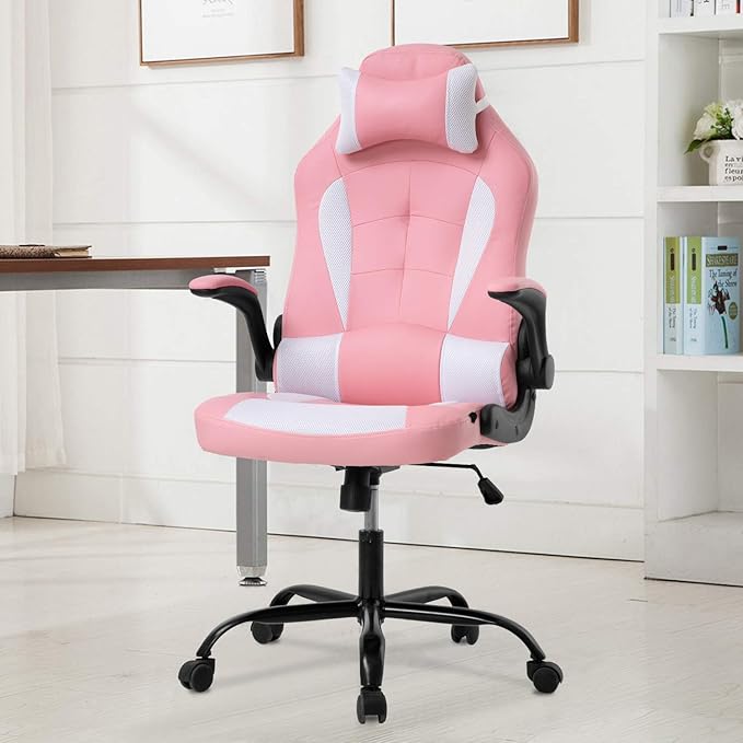 PC Gaming Chair Video Game Chair Racing Style Office High Back Desk Executive PU Leather Rolling Task Swivel Computer with Lumbar Support HeadrestPink
