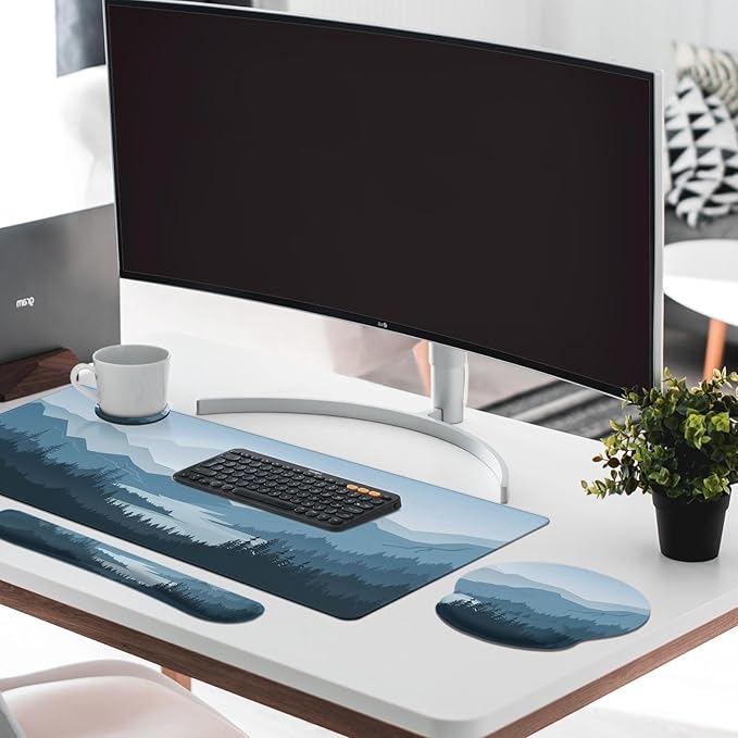 Arttown Mountains Wood Pine Desk Mat Blue Painting Mouse Pad Set with Wrist Support 4-in-1 Large Mousepad+Keyboard Wrist Rest+Mouse Wrist Rest+Coaster with Ergonomic Design Non-Slip Mat