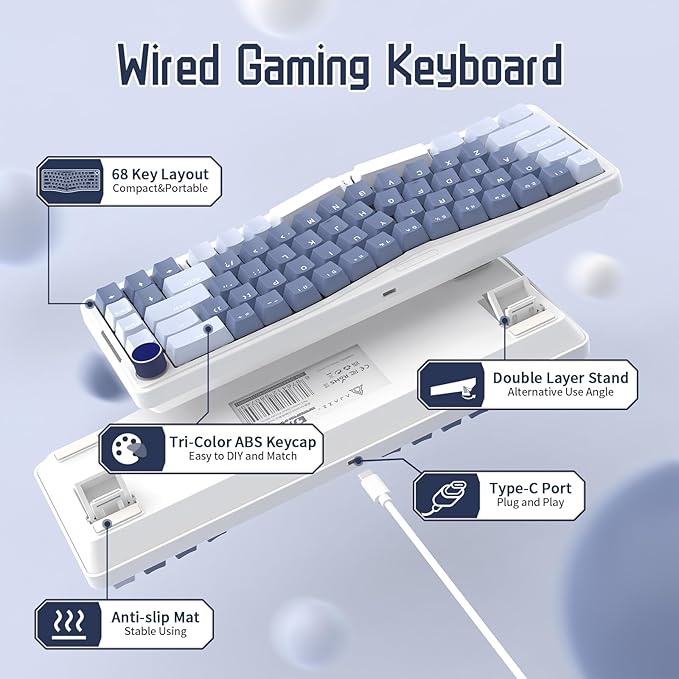ATTACK SHARK AKS068 Wired Mechanical Gaming Keyboard 65% Alice Layout Hot-swapped Gasket Mount with RGB Backlit VIA Programmable Knob NKRO TKL AS Pre-lubed Linear Red Switch for Win/Mac(Blue)