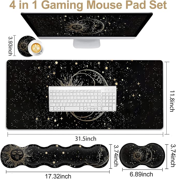 JVGFYNKL Extended Large Mouse Pad+Keyboard Wrist Rest Support  Ergonomic Memory Foam Wrist Rest Easy Typing 4Pcs Desk Pad Set for Home Office Sun Moon Star Pattern XXL Gaming Black Desk Mat
