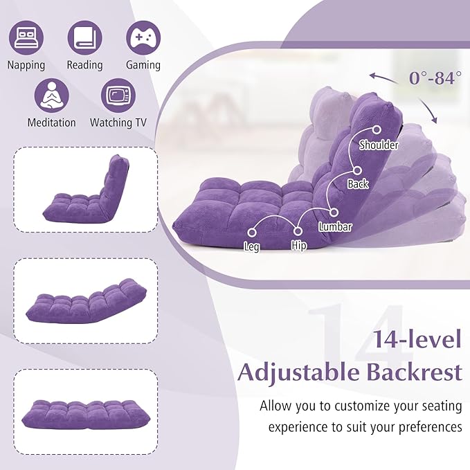 ARLIME Adjustable Floor Chair 14-Position Lazy Sofa Chair with Back Support &amp Thick Padding Portable Foldable Floor Couch for Adults Kids Use in Bedroom Living Room Home Theater (Purple)
