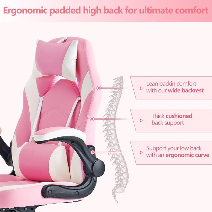 OLIXIS Computer Gaming Desk Chair - Ergonomic Video Game with Comfy Lumbar Support and headrest PU Leather with Flip-up Arms Adjustable Height and Swivel Wheels for Adults Pink