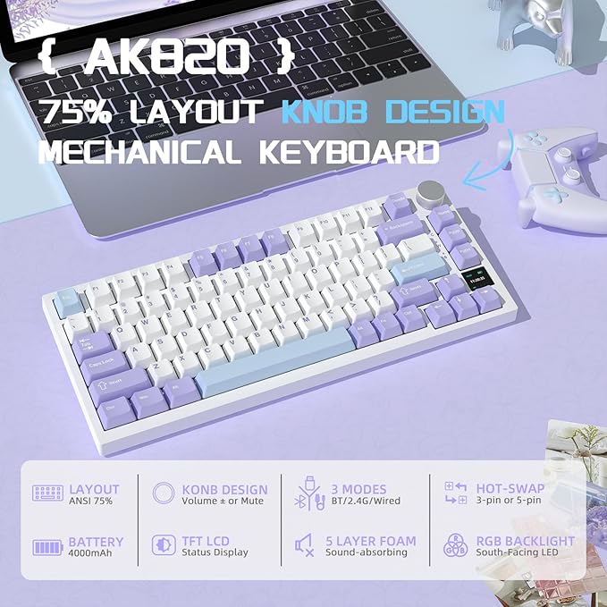 Attack Shark ajazz AK820 Pro Wireless Mechanical Gaming Keyboard TFT Display &ampKnob Hot Swappable Bluetooth 5.1/2.4G hz/Type-C Gasket-Mounted RGB Backlit Custom Keyboard for PC/Win(Purple/Gift Swit