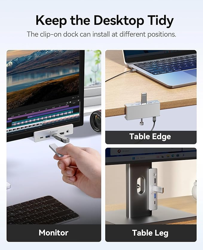 ORICO Clip Docking Station 8-in-1 Clamp USB C Hub with 4K@60Hz HDMI 100W PD Gigabit Ethernet 4xUSB Port AUX 10Gbps Clamp Docking Station for Laptop MacBook PC (Adapter Not Included)