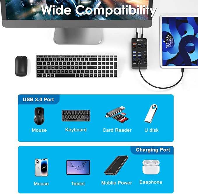 14-in-1 Powered USB Hub USB Data Hub w LED Individual On/Off Switches for MacBook/PC/Steam Deck &amp External HDDs 6 USB 3.03 USB 2.02 USB-A/C Charging1 USB-C 3.01x PD 60W1x Type-B for HDD Doc