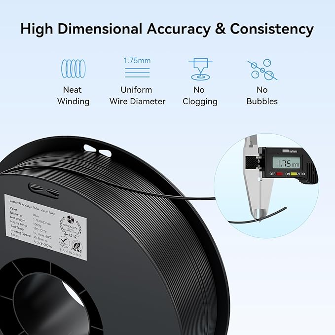 Creality 4 Pack PLA 1.75mm Filament Bundle for 3D Printing with No-Tangling Strong Bonding and Overhang Performance Accuracy +/- 0.02mm (BlackWhiteGreyRed)