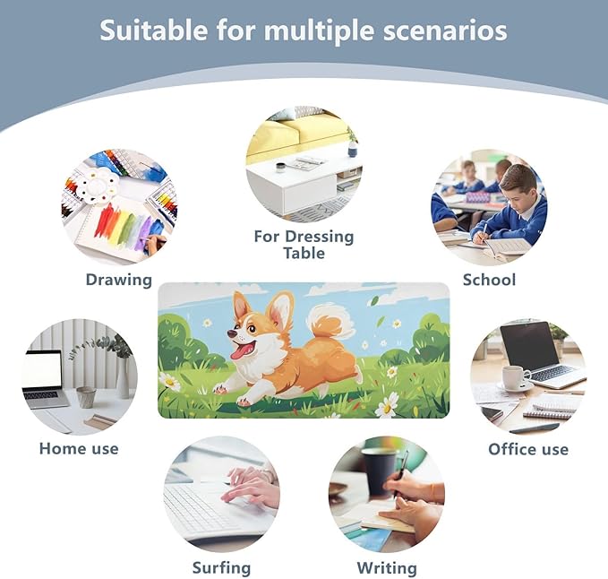 Mouse Pad Desk Mat Leather Desk Pad Large Gaming Desk Cover Protector Mat for Keyboard Computer Laptop Office Waterproof 35.4 x 16.5 Inch Cute Corgi Dog Floral