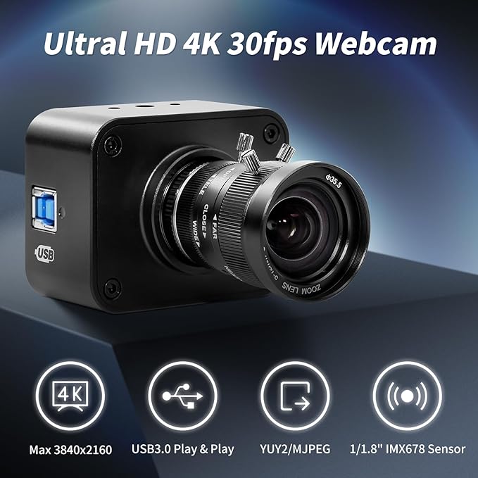 MOKOSE USB Camera 4KUSB3.0 Manual Focus Webcam with 5-12mm Varifocal Lens IMX678 1/1.8 8MP Sensor Support YUY2Web Camera for Desktop Computer Laptop