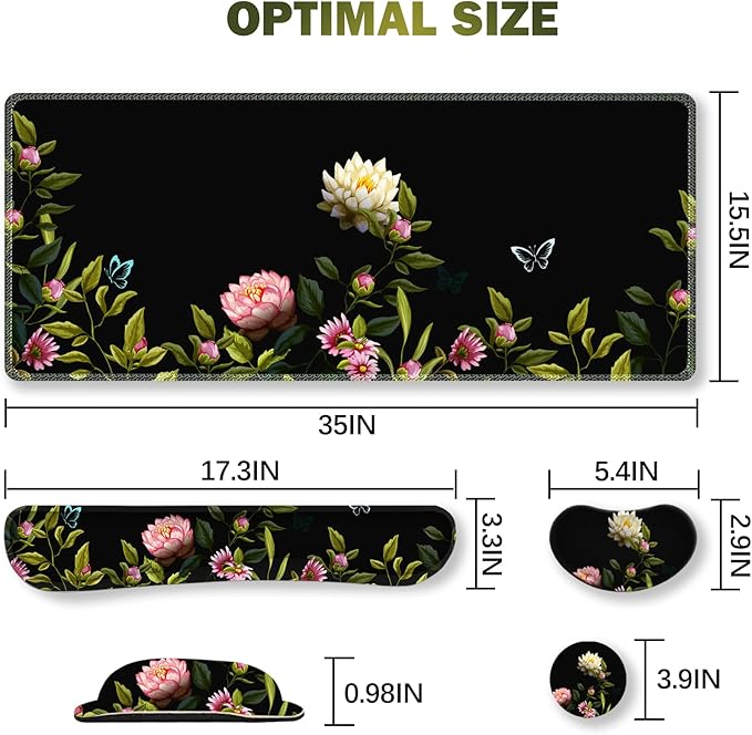 ARTSO Gaming Mouse Pad Wrist Support Set XXL Large Desk Mat Mousepad + Keyboard Wrist Support+ Mouse Wrist Rest+Coaster 4in1 Ergonomic Stitched Edge for Home Office -Flowers and Butterflies
