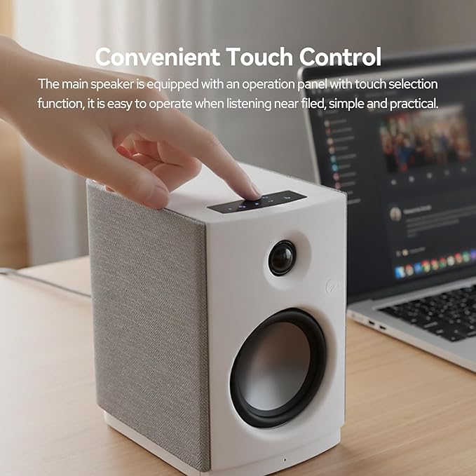 HiVi-Swans OS-10 HiFi Stereo Speakers Bluetooth 5.0 Active Computer Bookshelf Speakers - 4'' Dynamic Woofer Powered Desk Speakers 62w RMS with Touch Control for PC/Phone/TV - White