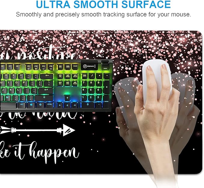 Large Gaming Mouse Pad Memory Foam Keyboard Wrist RestExtended Office Desk MatOffice Desk Pad with Stitched EdgesLaptop Desk Table Protector Rose Gold Glitter Inspirational Quotes Black Writing Mat