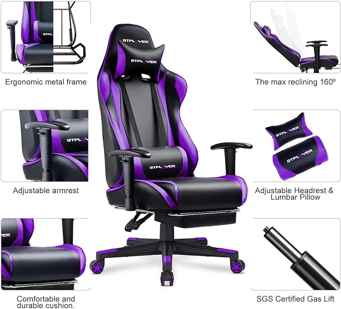 GTPLAYER Gaming Chair with Footrest Ergonomic Computer Game Desk Chair Reclining Game Chair Seat Height Adjustment Swivel Rocker with Headrest and Lumbar (Purple)