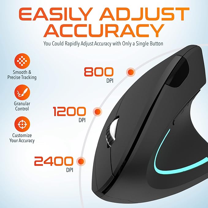 Delton Ergonomic Vertical Wireless Mouse 2.4GHz USB Dongle 6 Buttons 3 Adjustable DPI Levels (800/1200/2400) AA Battery Operated Compatible with PC Laptop Mac Chromebook and More - Black