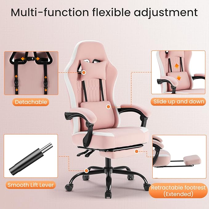 Sweetcrispy Video Gaming Chair - Ergonomic Desk Chair with Footrest and Lumbar Support Height Adjustable High Back Task Chair with Linkage Armrests and Headrest 360° Wheels Pink