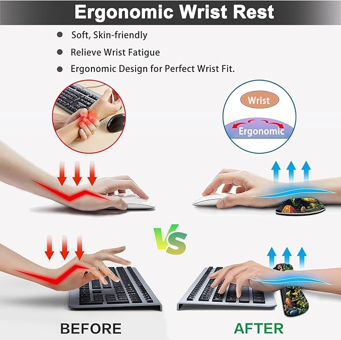 Large Mouse pad and Keyboard Support Set Ergonomic Memory Foam Keyboard Wrist Rest Extended Gaming Mouse Pad with Stitched Edges Night Moon Mushroom Guitar Frog XXL Desk Mat