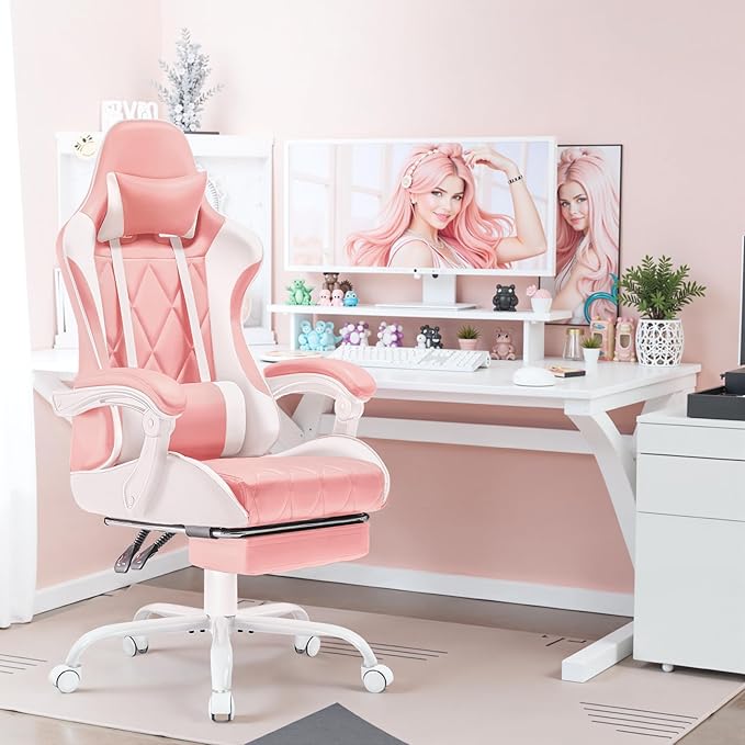 Homall Gaming Chair Computer Chair with Footrest and Massage Lumbar Support Ergonomic High Back Video Game Chair with Swivel Seat and Headrest (Pink)