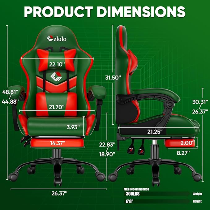 Gaming Chair Lumbar Support Massage Computer Chair High Back Gamer Chair with Footrest and Headrest Lumbar Pillow Recline Wide Seat Gaming Chairs for Christmas/Birthday Gifts Green