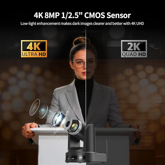 4K Wireless PTZ Camera AI Auto Tracking Wireless/USB3.0/LAN Video Conference Camera 12X Zoom Low-light Enhancement IP Live Streaming for Church Education and Conferences OBS vMIX Easy Setup