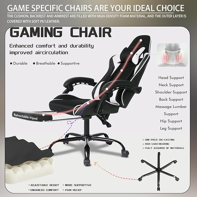 Gaming Chair High Back Ergonomic Office Chair with Massage Lumbar Support and Footrest Reclining Swivel Gamer Seat for Adults Kids Home Bedroom Black White