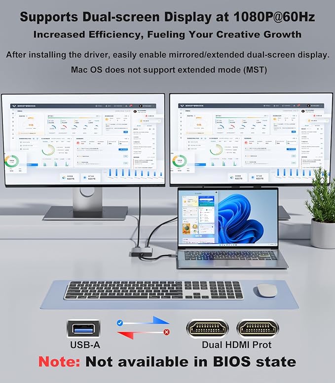 USB to Dual HDMI Adapter 1080P 60Hz USB A 3.0 to HDMI Adapter for Laptop PC Desktop Compatible with Mac OS Windows 7/8/10/11 - Requires Driver Installation