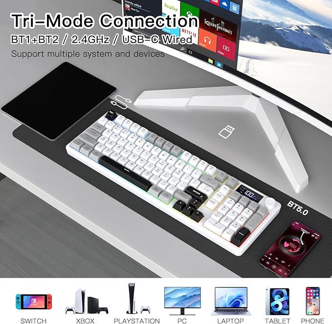 Wireless Gaming Keyboard with Smart Display &amp Knob Control Tri-Mode BT5.0/2.4GHz/Wired RGB Backlit Computer Keyboards with Number Pad 26-Key Rollover Compatible for Windows Mac