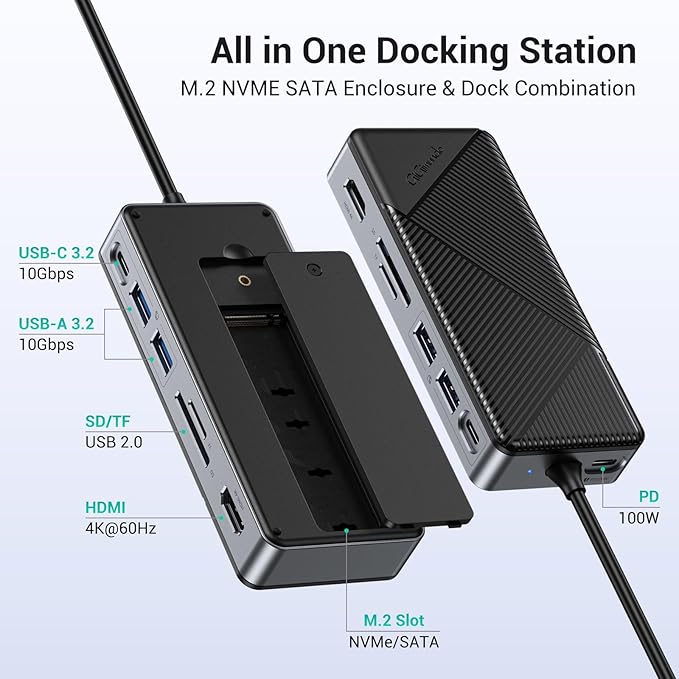 GiGimundo GM28P M.2 NVMe SSD Docking Station - 10Gbps Multi Ports Portable USB-C Hub PD100W HDMI 4K 60Hz SD Card Reader M.2 Dock for Laptop Mac Black