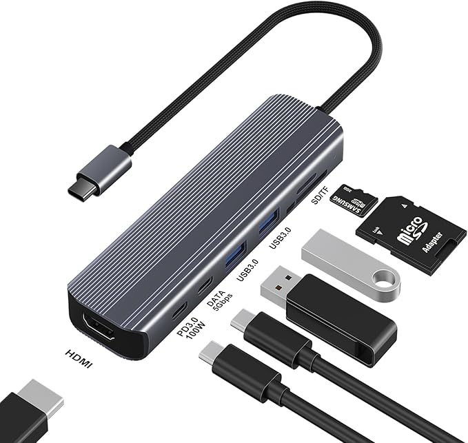 7-in-1 USB-C Hub with 4K/60Hz HDMI 100W PD Charging 5Gbps Dual USB-A/USB-C Ports SD/TF Card Reader Aluminum Multiport Adapter for MacBook Pro/Air and Other Type-C Devices