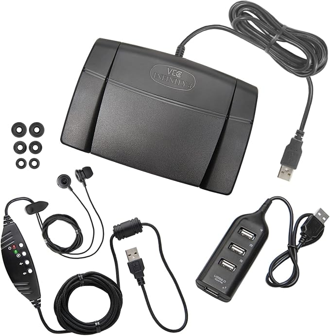 ECS WordSmith Noise Reduction in-Ear Transcription Headset with USB Connection Infinity-3 USB Foot Pedal 3-Port Hub &amp Multiple Ear Tips