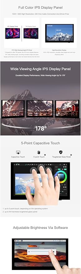 5 Inch DSI Touch Display for Raspberry Pi 5 IPS Panel 1024x600 Resolution Multi-Touch Adjustable Brightness