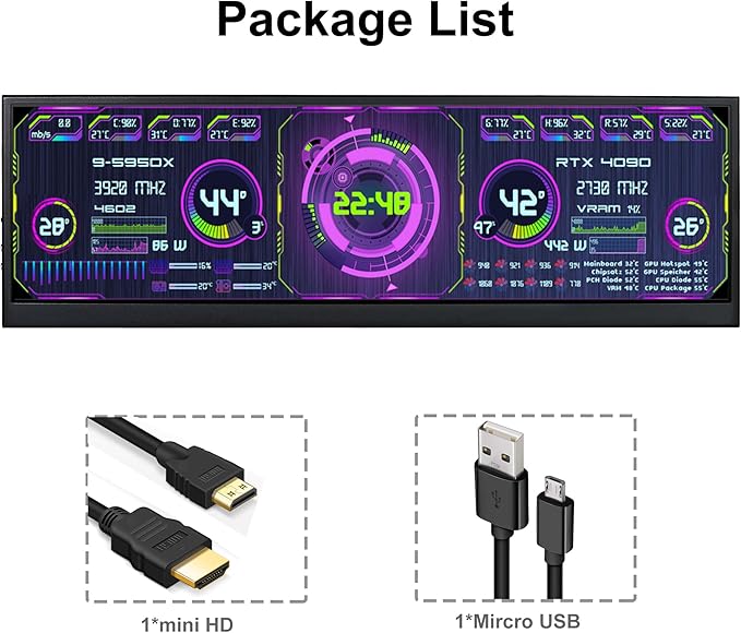 12.6 Inch Mini Touch Screen Monitor Secondary Screen FHD IPS Stretched Bar LCD Display 1920X515 HDMI for PC Laptop Computer Health Speed Windows Sub CPU GPU Temperature Display R126F01T-HB